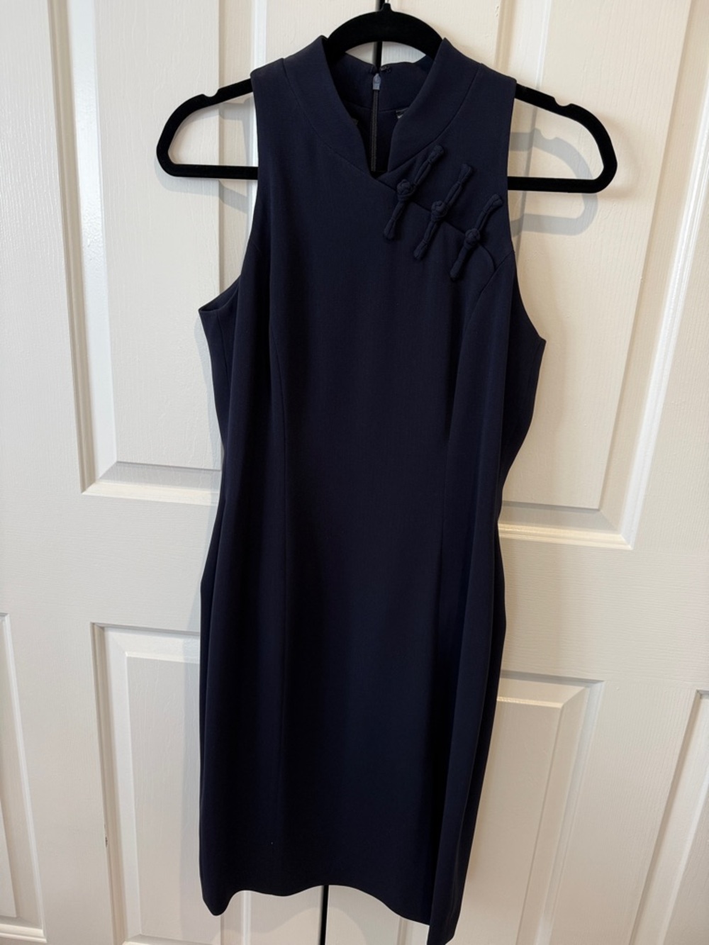 Tahari Navy Sleeveless Sheath Dress with Knot Detail